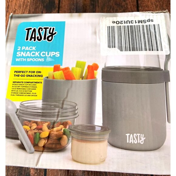 Tasty 2 Pack Snack Cups With Spoons  Dual Compartments & Lids  Portable Food Sto - Picture 1 of 4